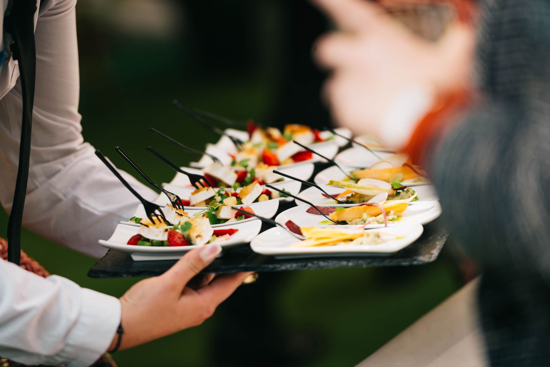 Caterer serving appetizers to guests at an event